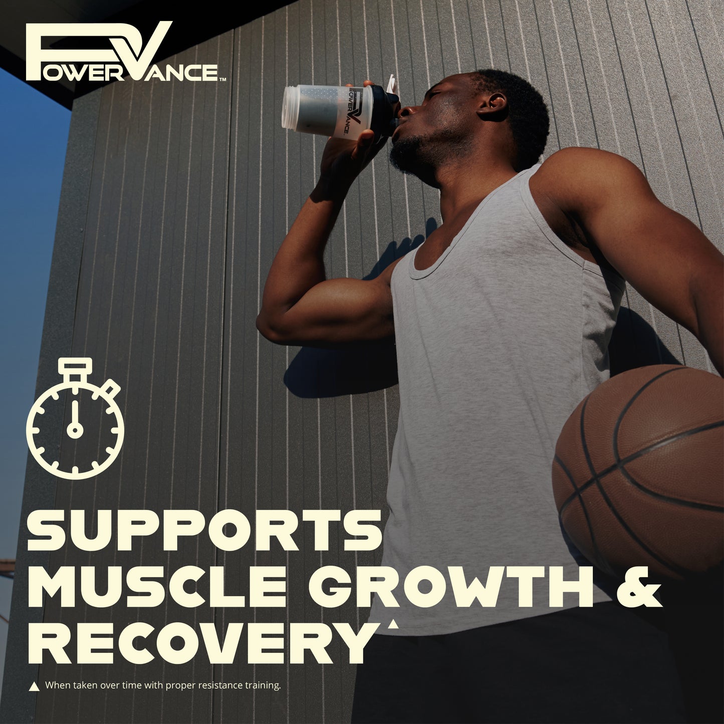Man drinking from a supplement shaker with a basketball, Power Vance brand visible
