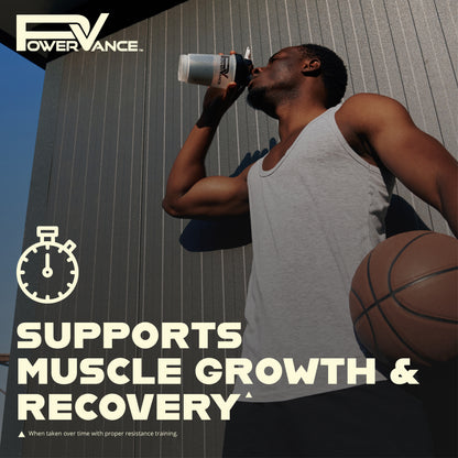 Man drinking from a supplement shaker with a basketball, Power Vance brand visible